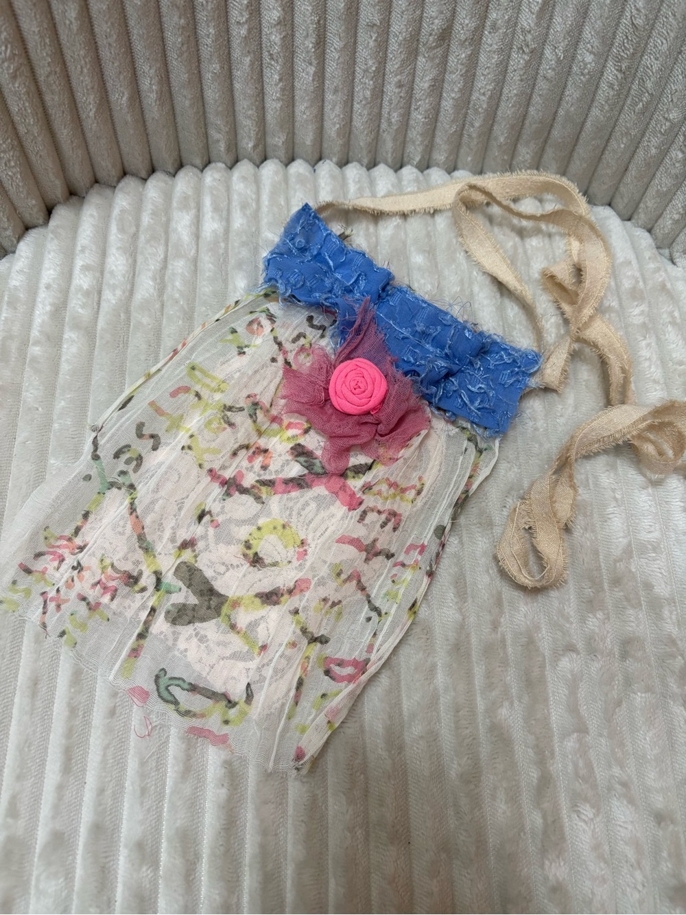 Boho Jabot Collar Necklace with Blue Trim and Pink Rosette